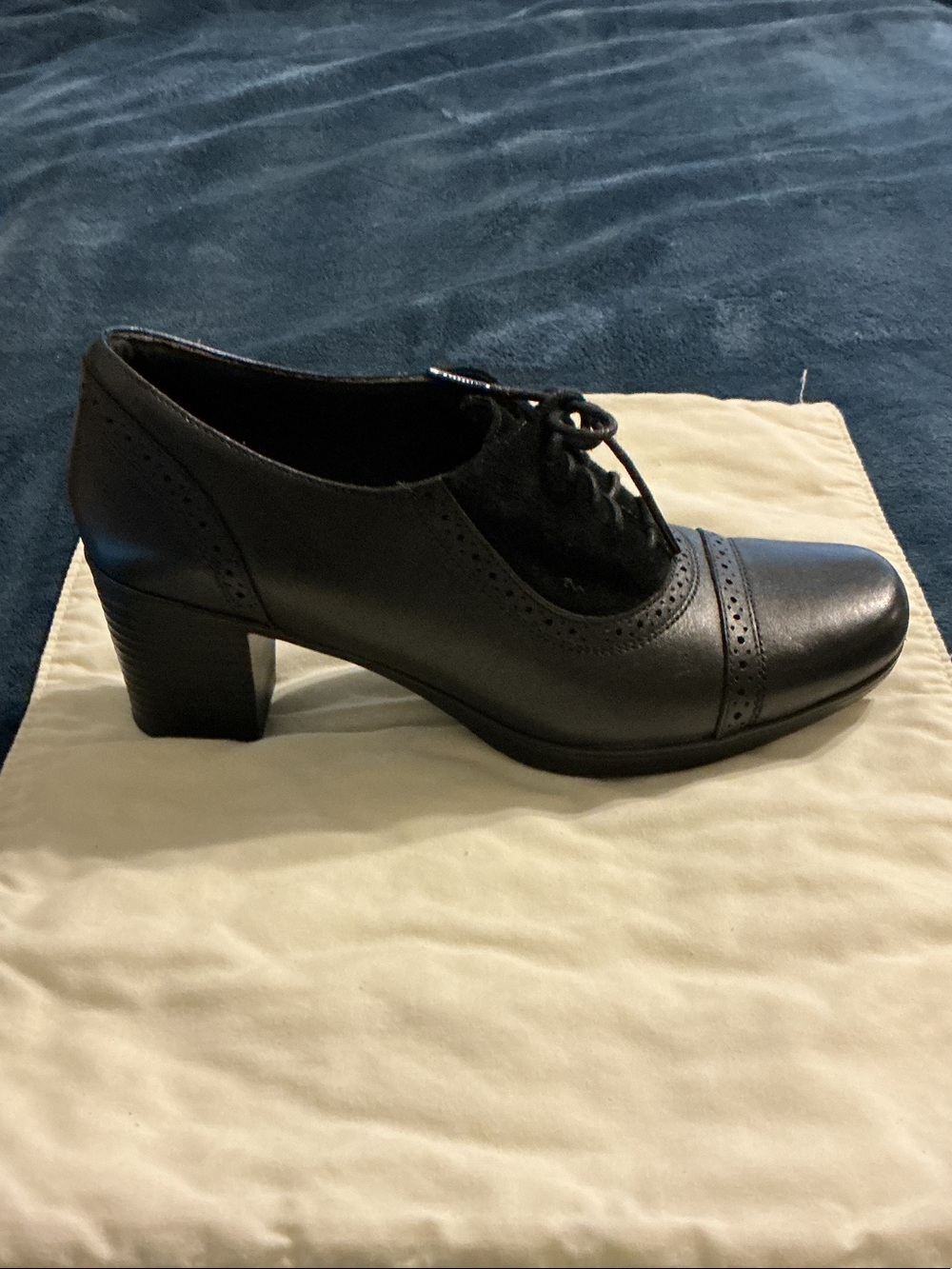 Clarks Black Leather Lace-Up Block Heel Oxford
